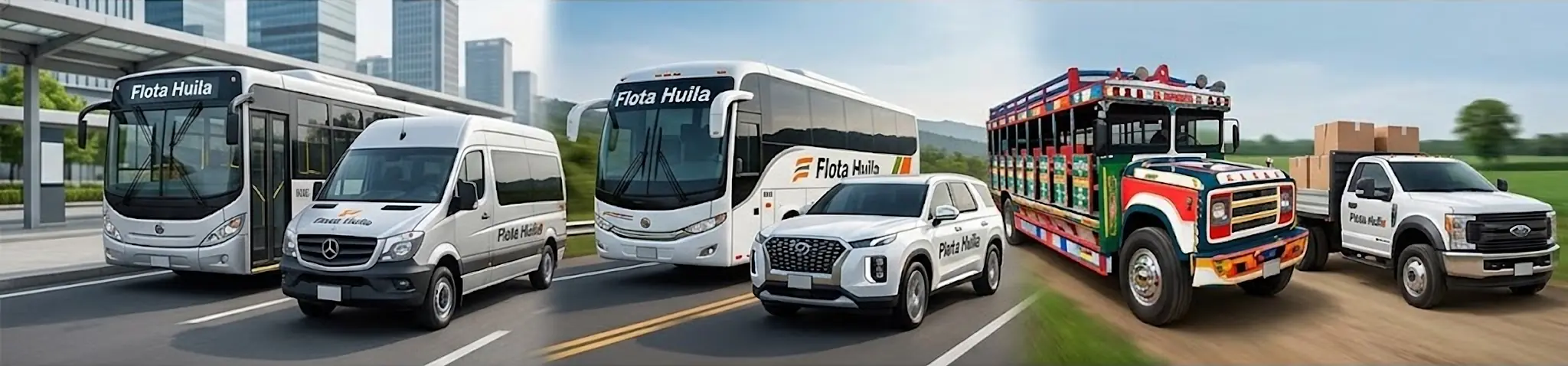 Vehículos de Flota Huila: buses urbanos, camioneta, bus de carretera, chiva y camioneta de carga